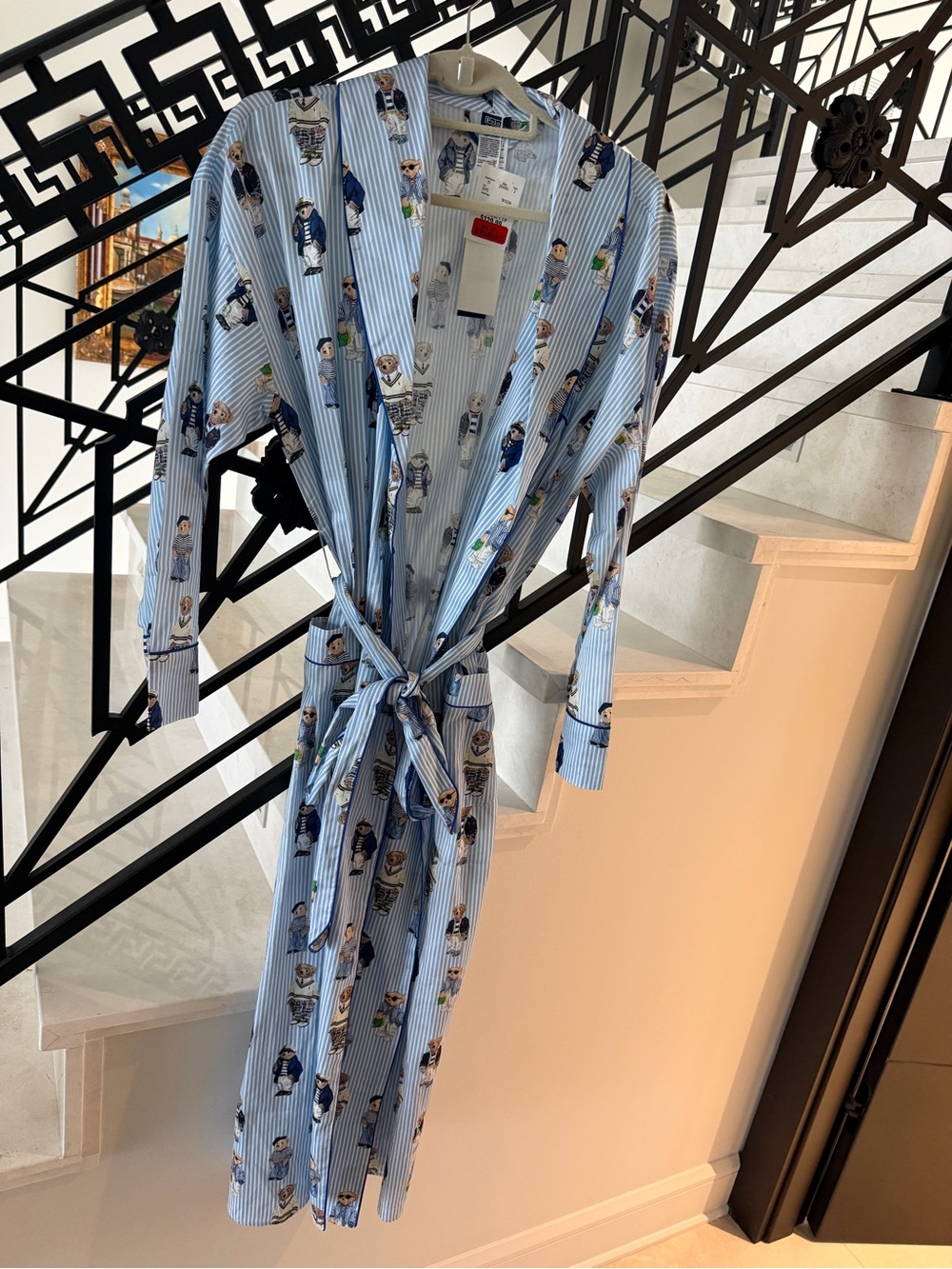 Polo by Ralph Lauren Light Blue Striped Kids Robe with Polo Bear Print